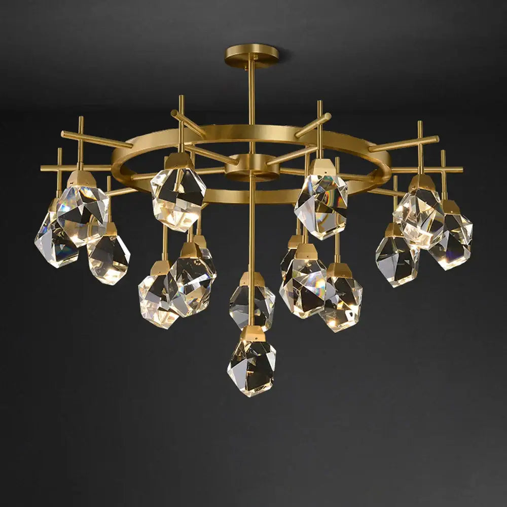 Gold circular stone lustre chandelier featuring diamond crystal stone droplets for elegant dining room lighting