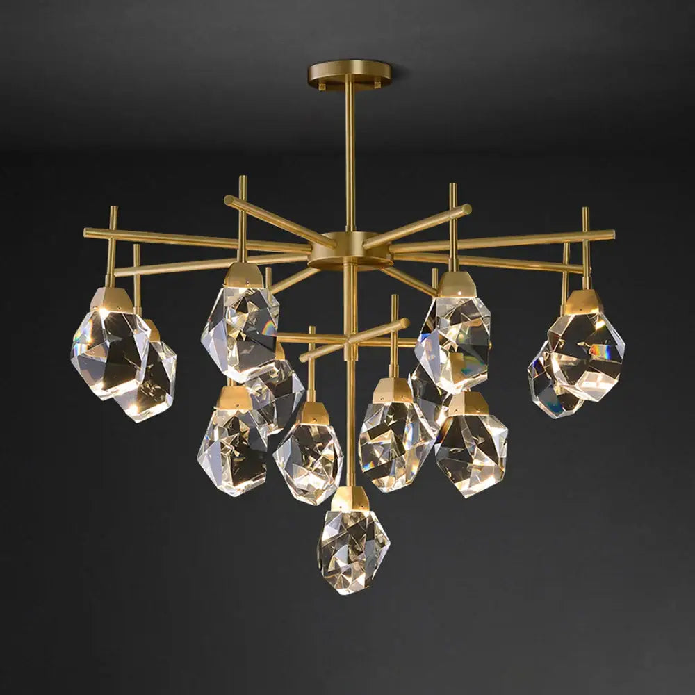 Gold circular stone lustre chandelier featuring diamond crystal stone pendants for elegant dining room lighting
