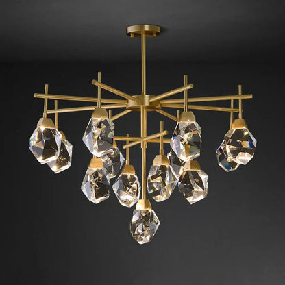 Gold circular stone lustre chandelier featuring diamond crystal stone pendants for elegant dining room lighting