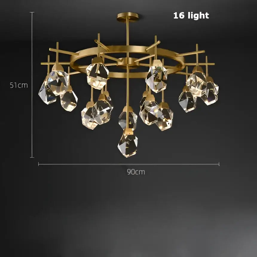 Gold circular stone lustre chandelier with 16 diamond crystal stone droplets for elegant dining room lighting