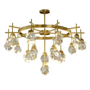 Gold circular stone lustre chandelier with diamond crystal stone pendants for elegant dining room lighting