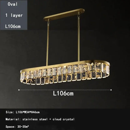 Gold-toned oval decorbites cloud mist crystal chandelier with single layer cloud crystal accents for dining room pendant light