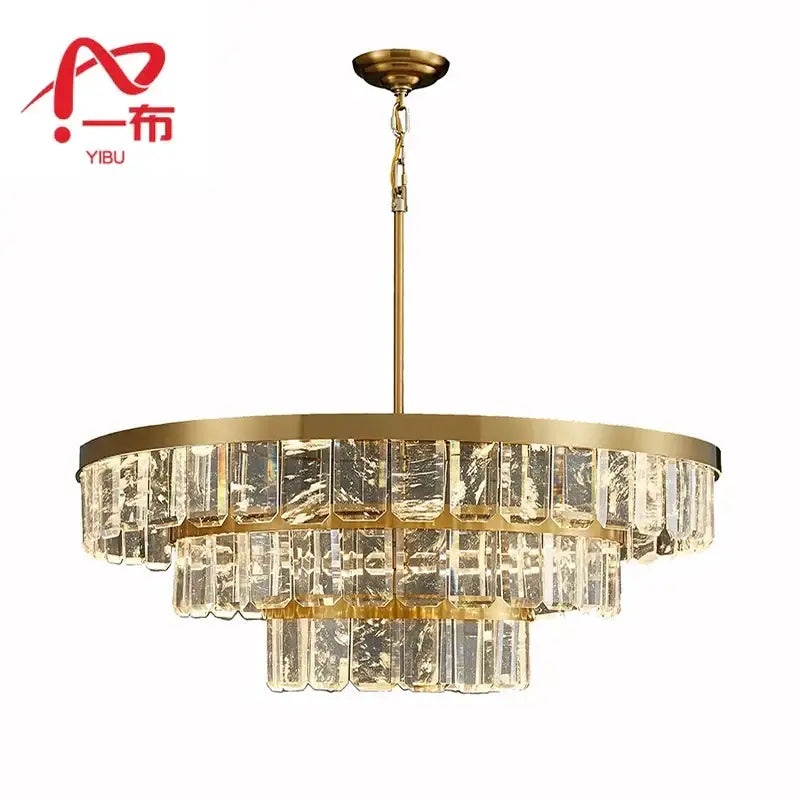 Gold cloud mist crystal chandelier dining room pendant light with three tiers of clear rectangular prisms and brass frame
