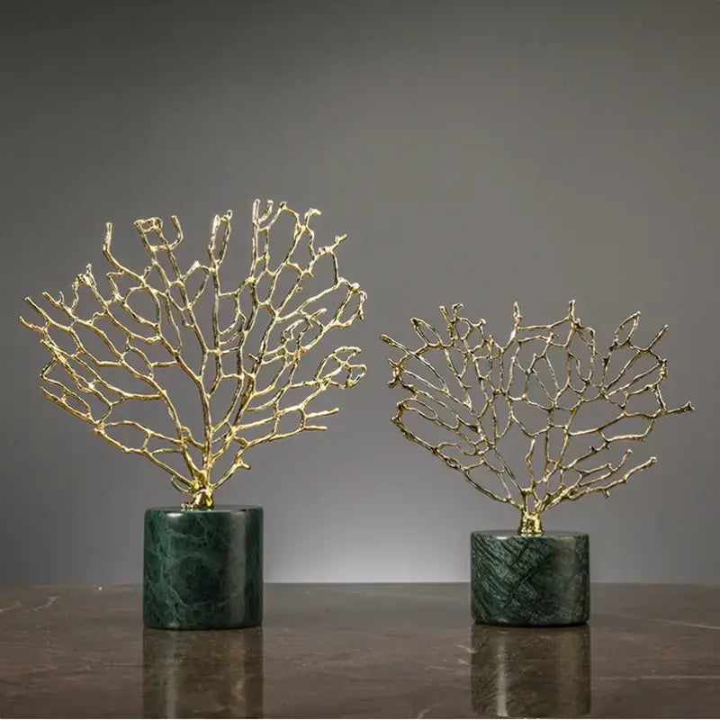 Golden coral crystal tree sculptures with dark green marble bases resin ocean figurines for living room decor
