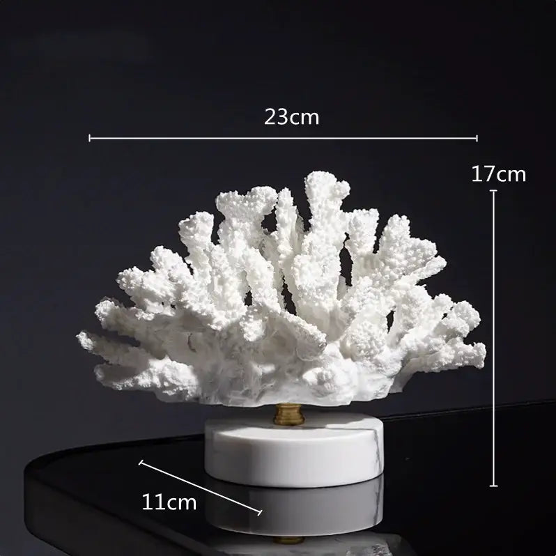 White coral crystal tree sculpture with intricate branching on a circular white marble base for living room decor