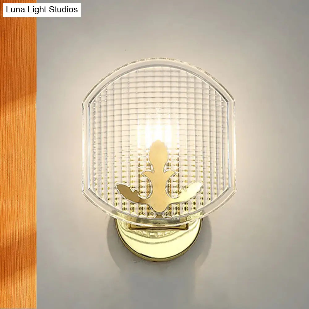 DecorBites™ Gold Corner Wall Sconce with Clear Lattice Glass and Post-Modern Oval Design