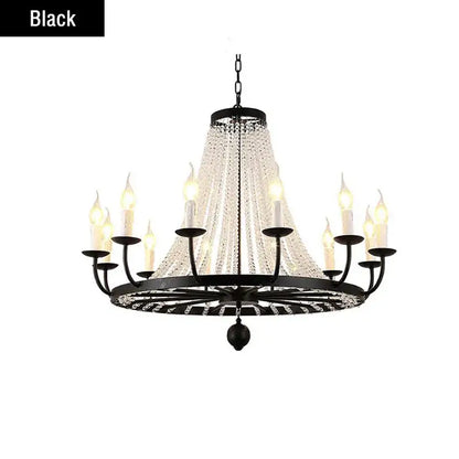 Black wrought iron decorbites country candle crystal chandelier with cascading strands and candle-style bulbs for dining room
