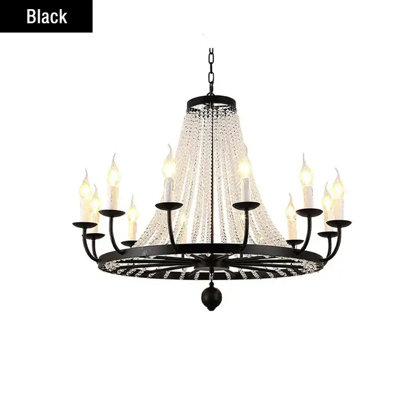 Black wrought iron decorbites country candle crystal chandelier with cascading strands and candle-style bulbs for dining room