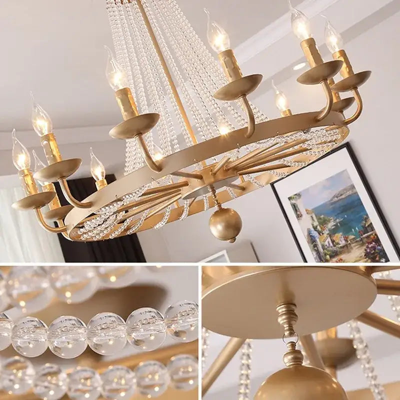 Gold country candle crystal chandelier pendant light with gold tone candle-style bulbs and cascading clear crystal beads