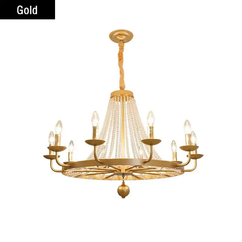 Gold country candle crystal chandelier with crystal droplets and candle-style bulbs for dining room decorbites country candle