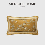 Gold crane birds branches lumbar pillow case with white floral bird motif and black greek key border in gold fabric