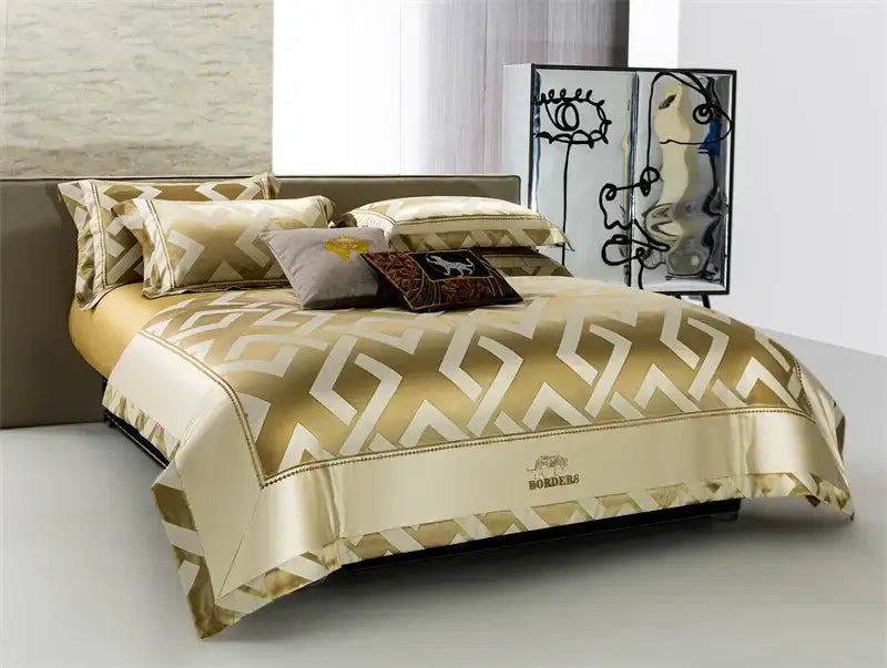 Gold and cream egyptian cotton bedding set with geometric pattern and embroidered borders by decorbites american jacquard