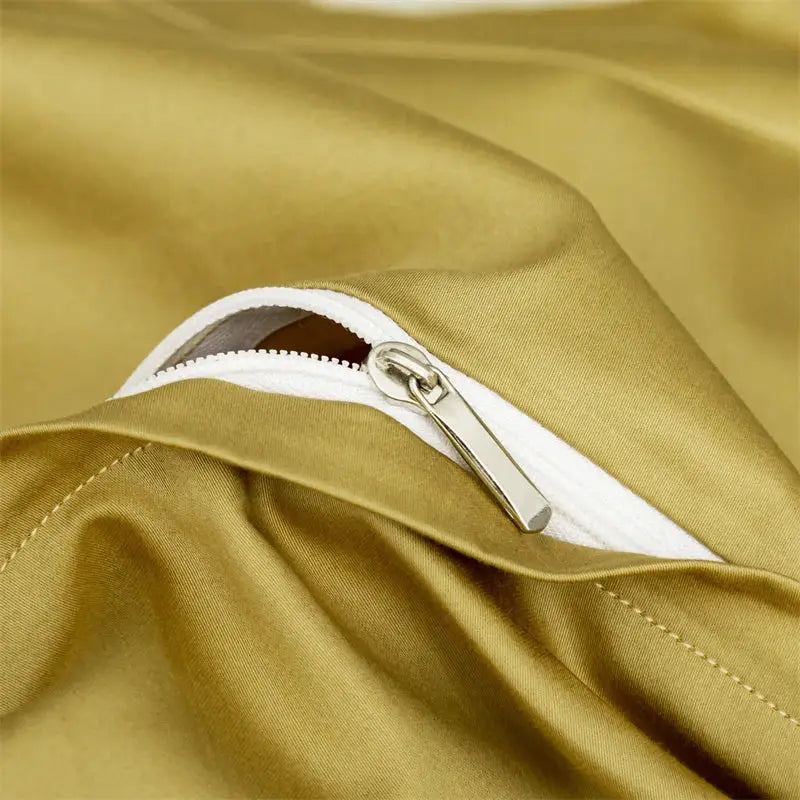 Gold satin pillowcase with silver zipper and white lining from decorbites american jacquard egyptian cotton bedding set
