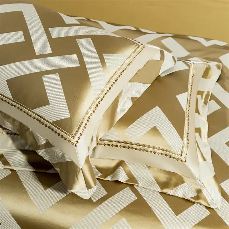 Gold and white geometric patterned satin pillowcases with gold threaded trim from egyptian cotton bedding set decorbites american jacquard