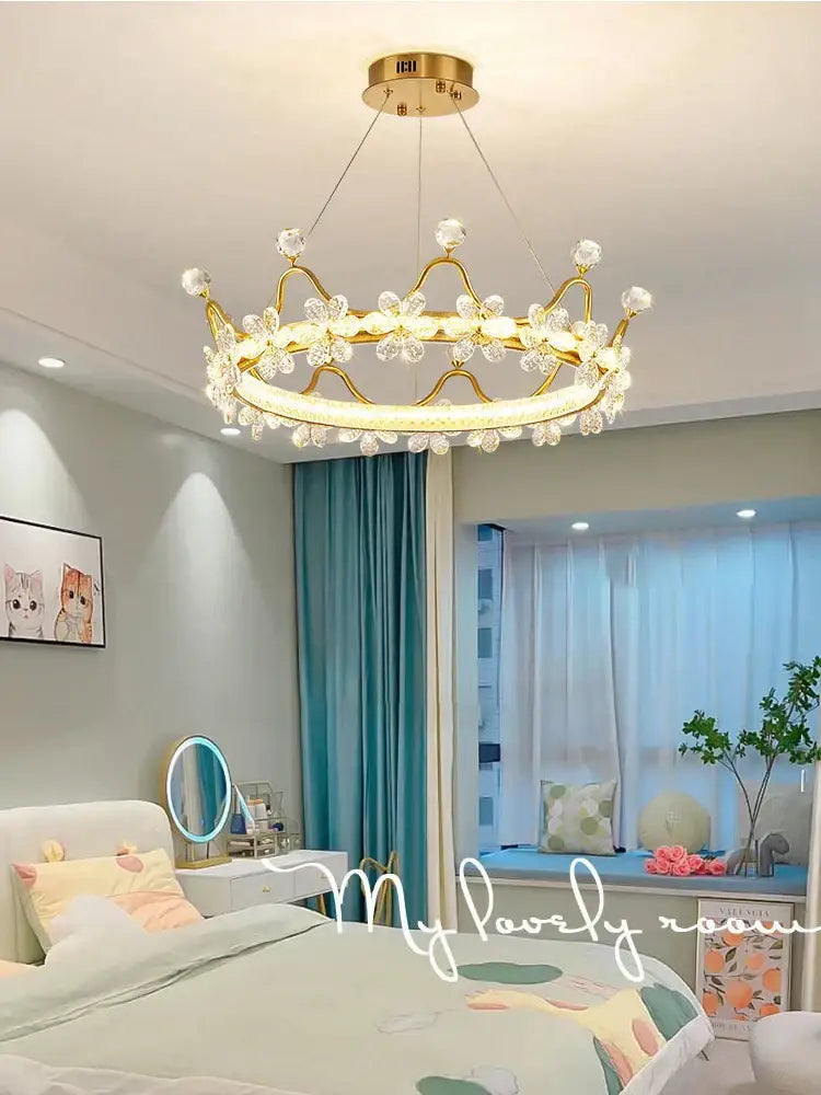 Gold crown crystal chandelier with led lighting and petal ring design for bedroom decorbites crystal chandelier