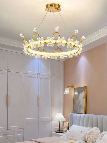 Gold crown crystal chandelier with sparkling crystal flowers and circular led ring light decorbites crystal chandelier