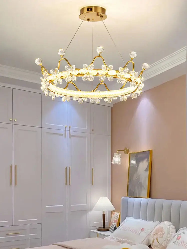 Gold crown crystal chandelier with sparkling crystal flowers and circular led ring light decorbites crystal chandelier