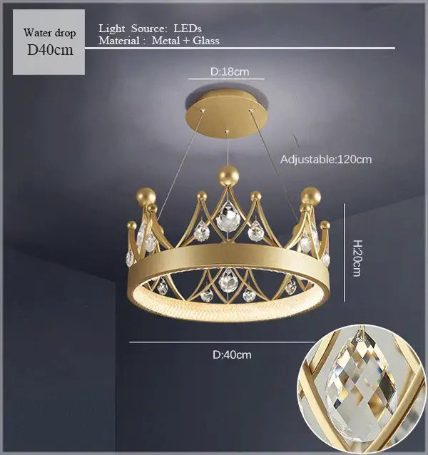 Gold crown crystal chandelier pendant light with led lighting and crystal droplets for bedroom decorbites crown crystal
