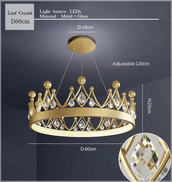 Gold crown crystal chandelier pendant light with led lighting and crystal droplets for bedroom decorbites crown crystal