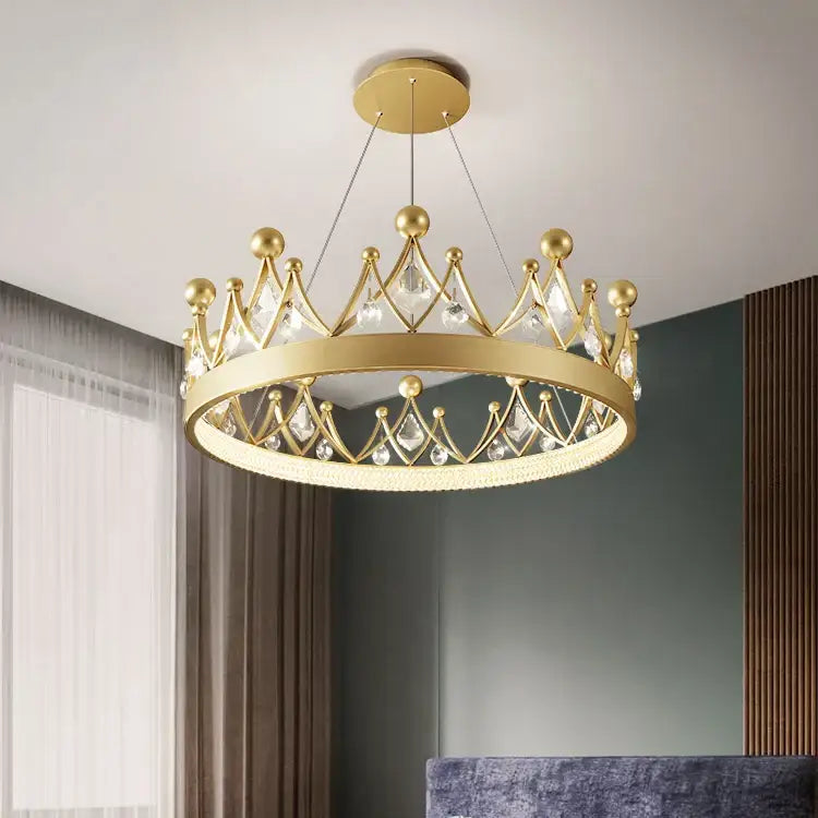 Gold crown crystal chandelier pendant light with crystal accents and circular design for bedroom decorbites crown crystal