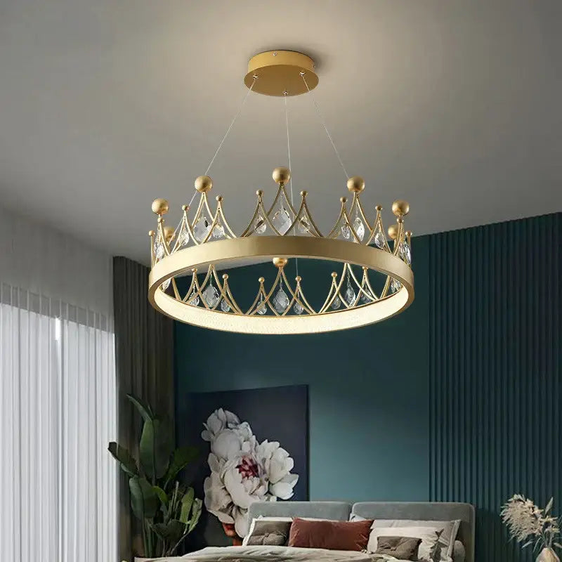 Gold crown crystal chandelier pendant light with circular design and crystal accents for elegant bedroom decorbites crown crystal