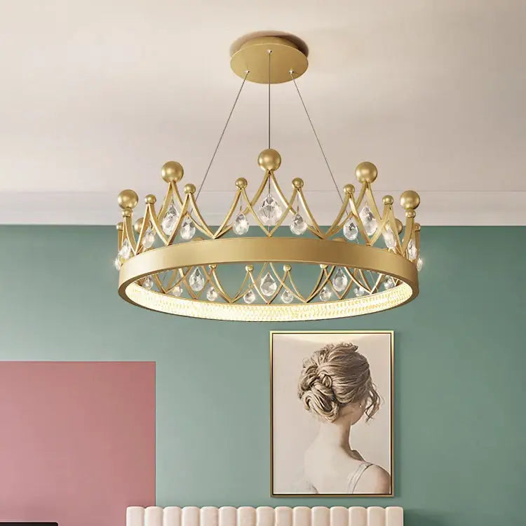 Gold crown crystal chandelier pendant light with clear crystal accents for bedroom decorbites crown crystal design