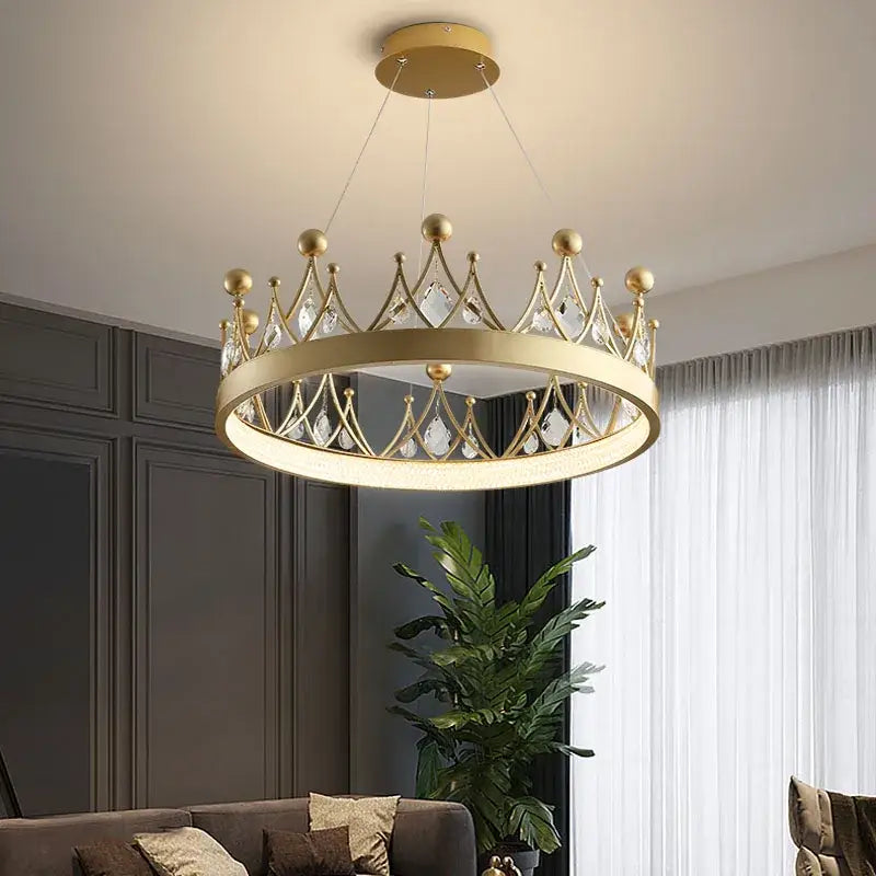 Gold-toned crown crystal chandelier pendant light with clear crystal accents for elegant bedroom decorbites crown crystal design