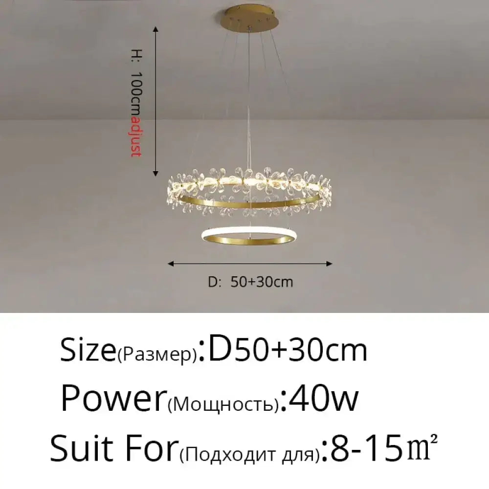 DecorBites™ nordic style gold-toned double-ring crystal flower pendant light with clear crystal droplets and modern design