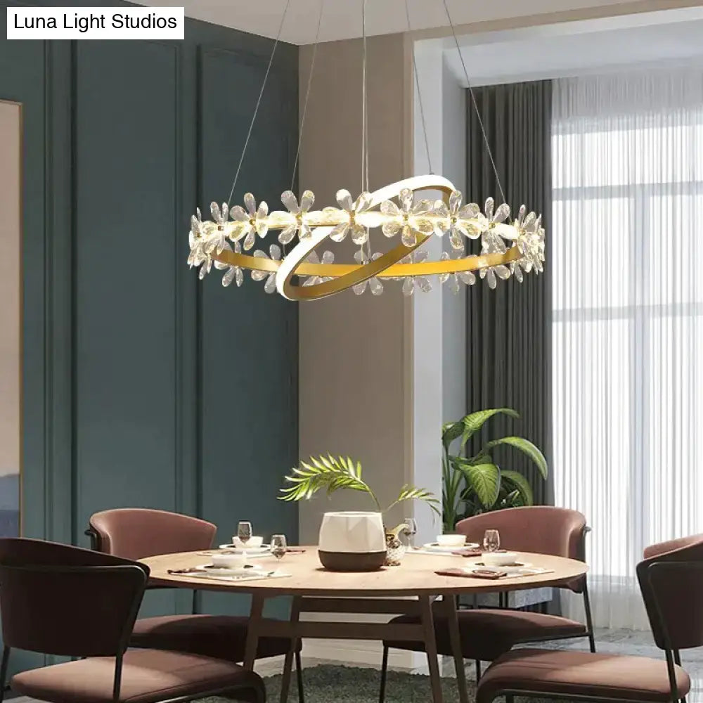 DecorBites™ nordic style gold-toned circular pendant light with clear crystal flower pendant accents