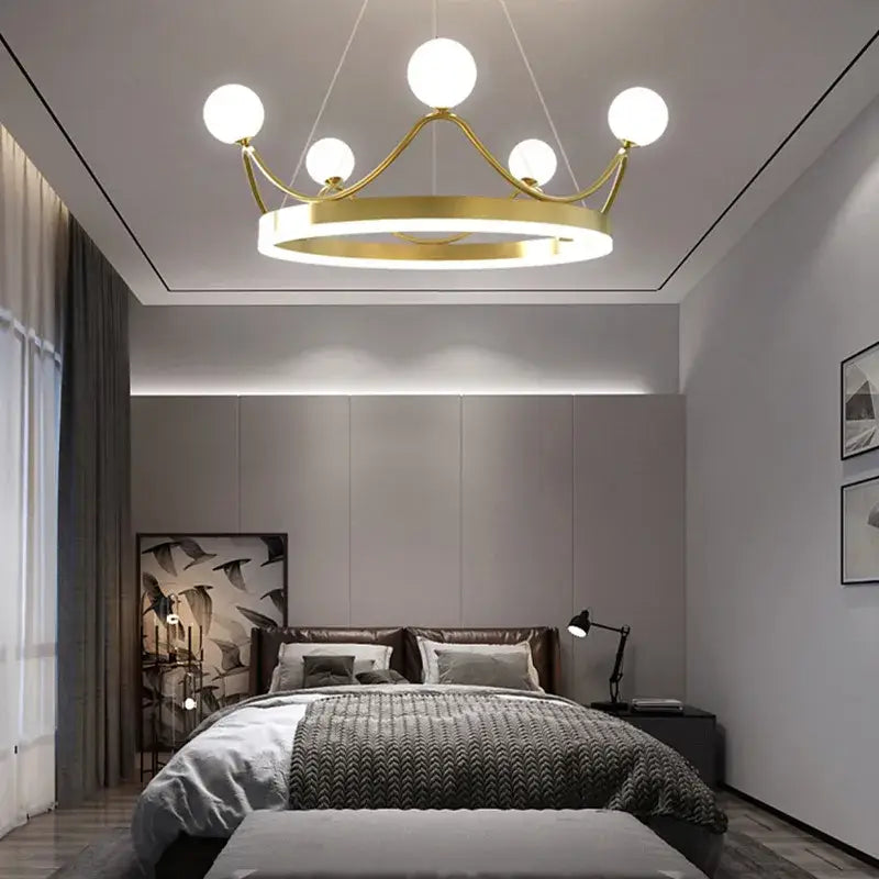 Gold-toned decorbites crown led chandelier with six white globe lights for kids room spherical lighting decorbites crown