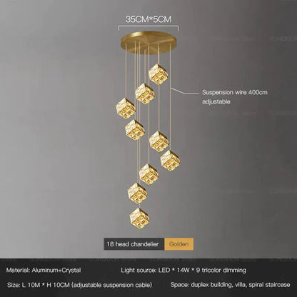 Golden 18-head decorbites crystal bedside chandelier wall light with crystal cube lights and adjustable aluminum suspension