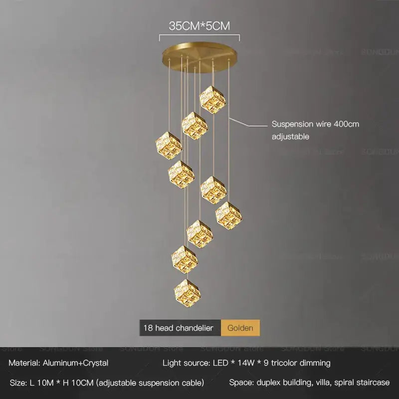 Golden 18-head decorbites crystal bedside chandelier wall light with crystal cube lights and adjustable aluminum suspension