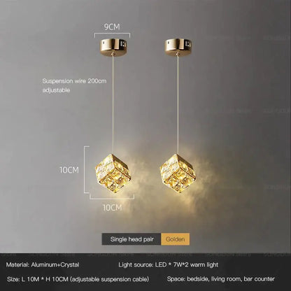 Gold crystal bedside chandelier wall light with cube-shaped faceted crystal design and aluminum frame for bedroom decorbites crystal bedside
