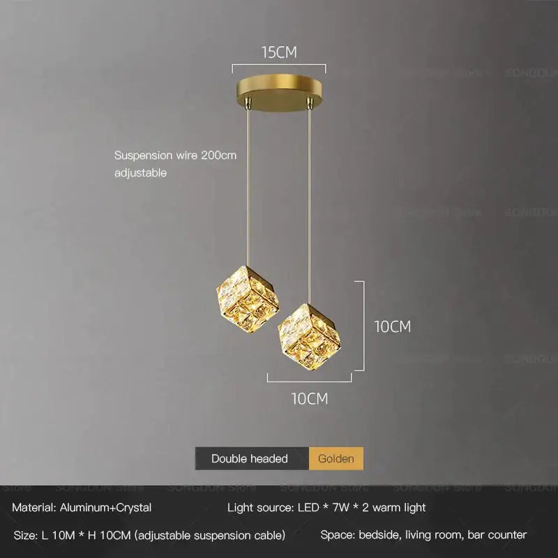 Golden double-headed crystal bedside chandelier wall light with geometric design and aluminum frame for bedroom decorbites crystal bedside