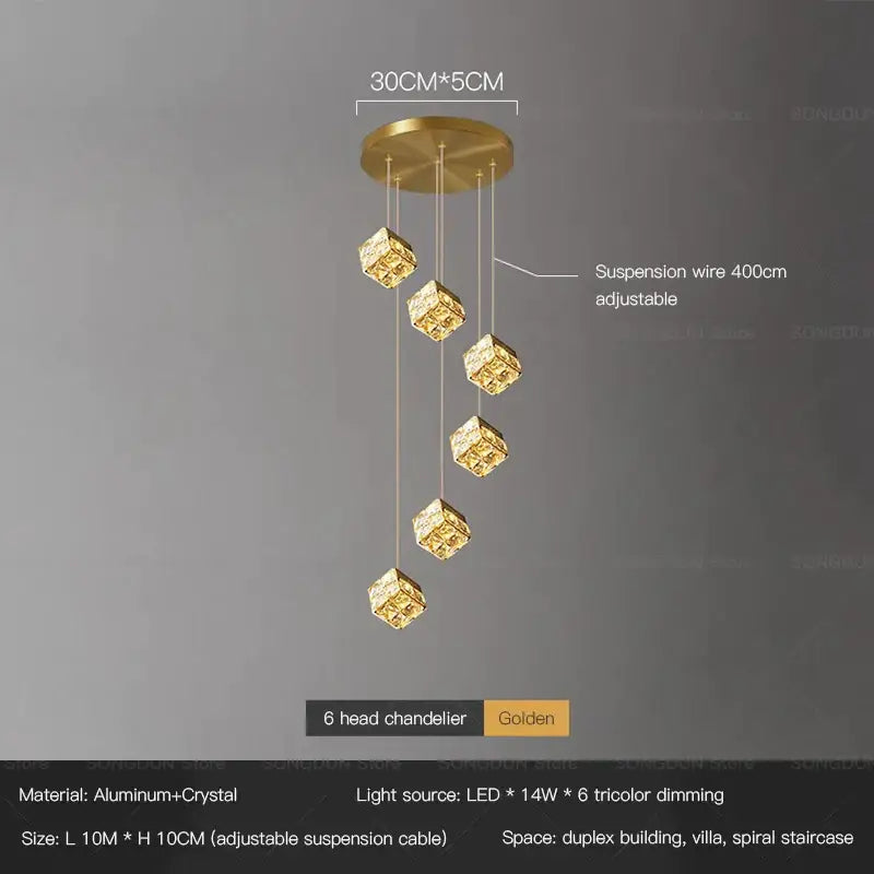 Gold crystal bedside chandelier wall light featuring six heads with crystal cube lights on aluminum ceiling plate