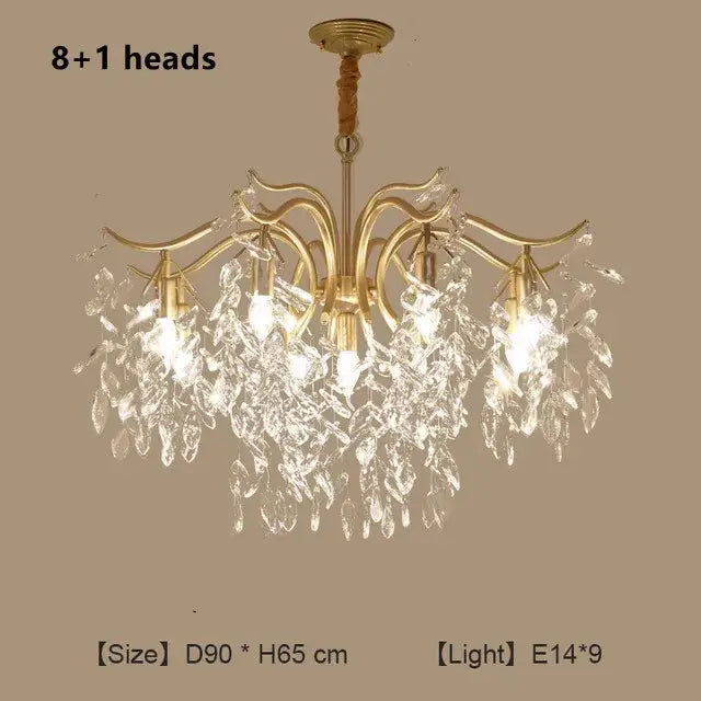 Gold-toned decorbites crystal branch chandelier with eight illuminated leaf-shaped pendants for luxury living room decor