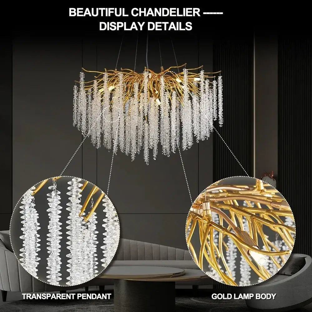 Gold crystal ceiling chandelier with branch-style design and cascading transparent crystal pendants for living room decorbites crystal ceiling