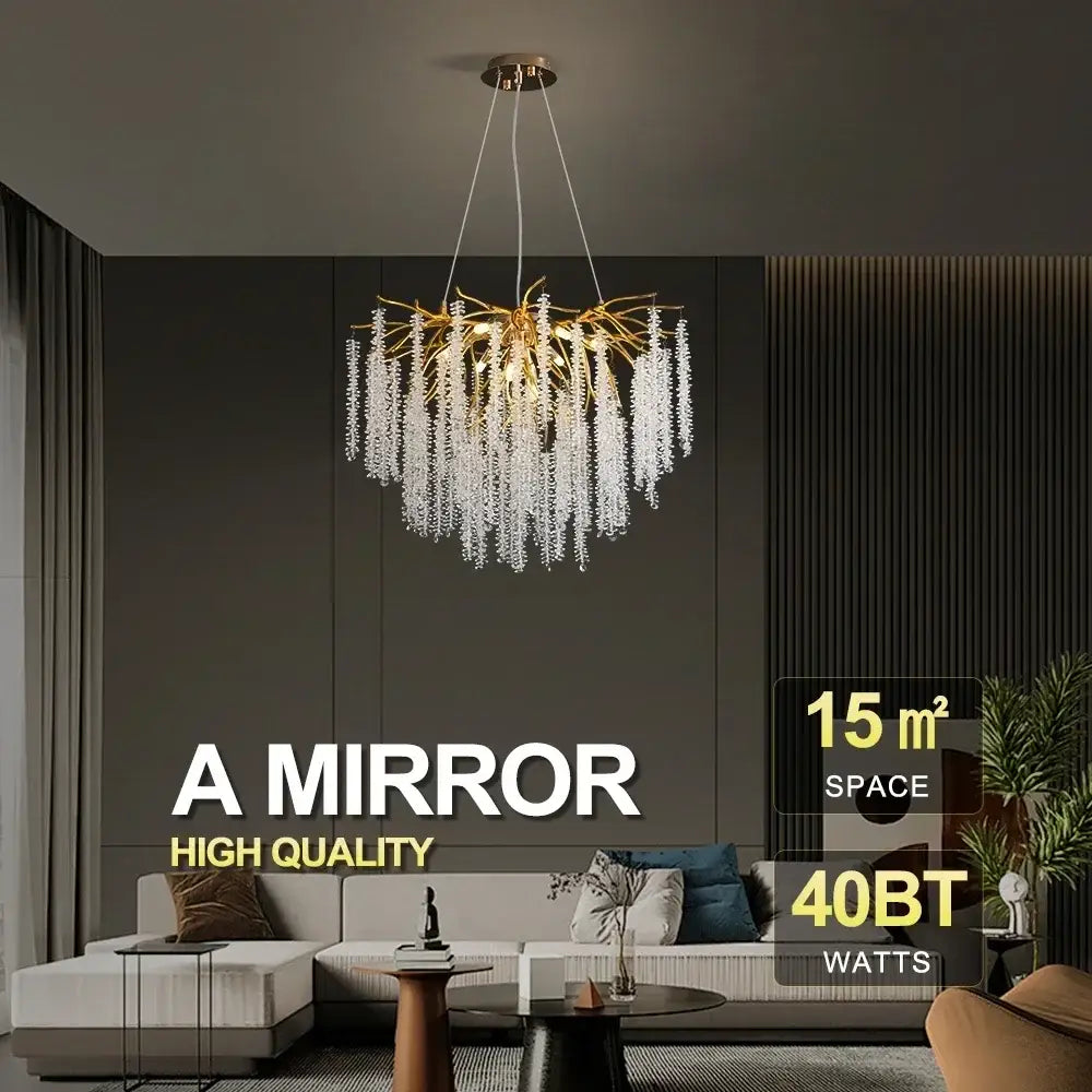 Gold crystal ceiling chandelier with golden branch-like frame and cascading clear crystals for living room decorbites crystal ceiling