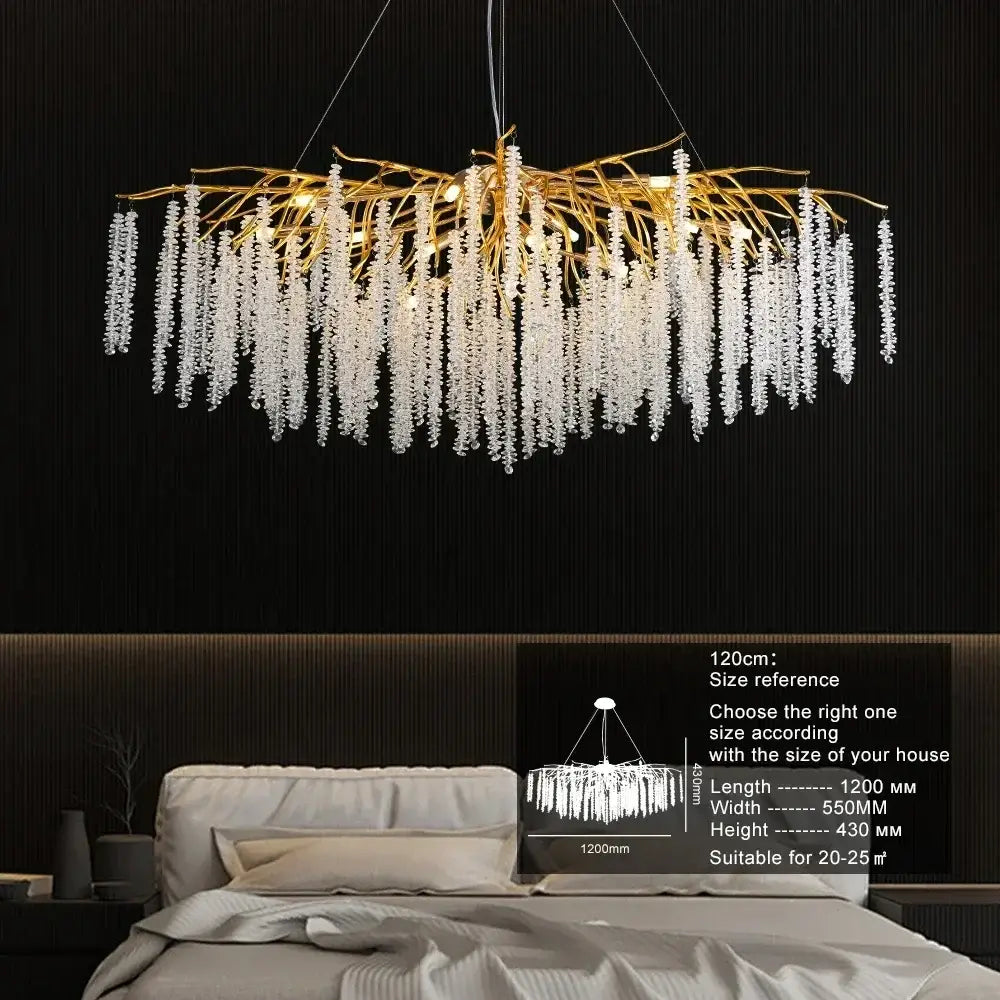 Gold crystal ceiling chandelier with gold-toned branch design and cascading clear crystal droplets for living room decorbites crystal ceiling