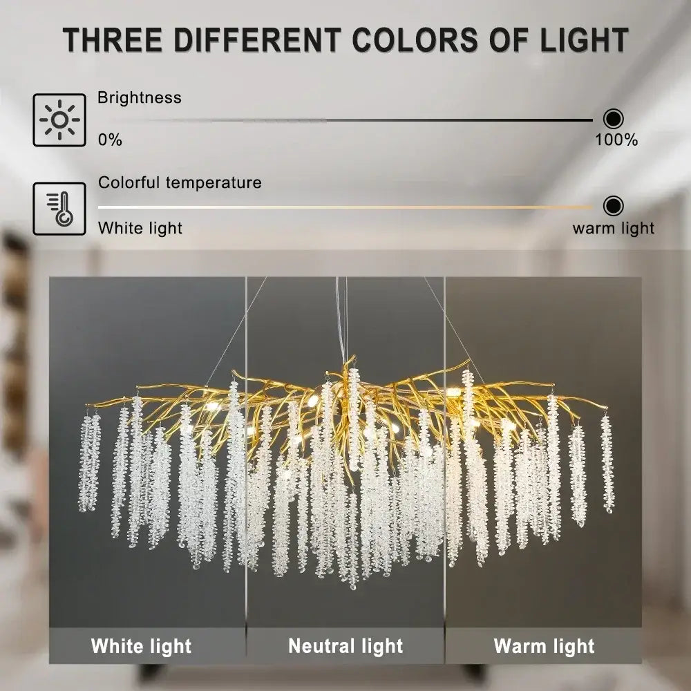 Gold-toned branch-style decorbites crystal ceiling chandelier with cascading clear crystal droplets for living room decor