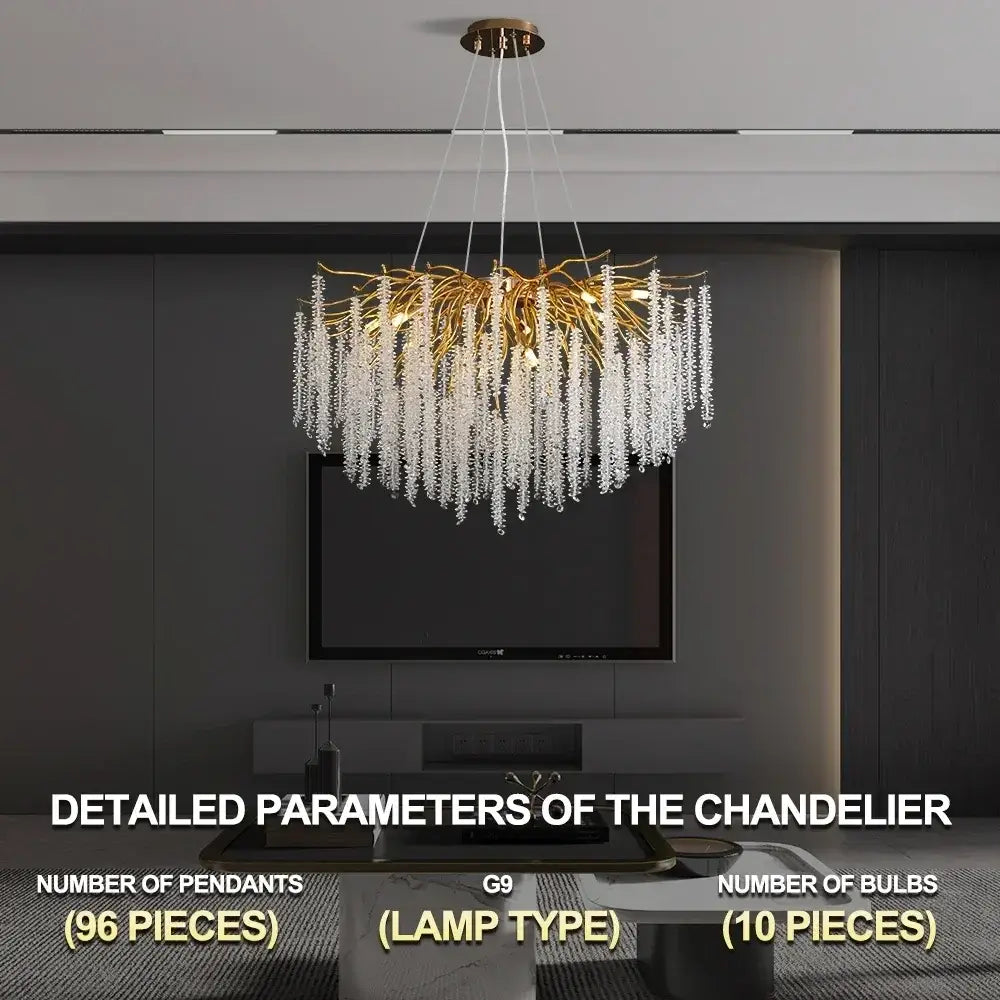 Gold crystal ceiling chandelier with gold-toned frame and cascading clear pendants for living room decorbites crystal ceiling