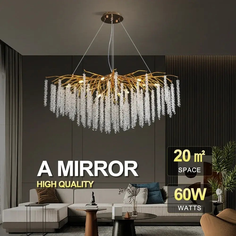 Gold crystal ceiling chandelier with cascading crystal strands in gold tone for elegant living room decorbites crystal ceiling