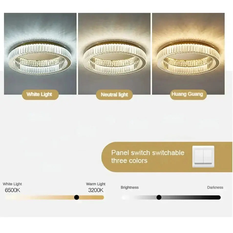 Gold crystal circle ceiling chandelier with clear crystal design and white neutral or warm yellow light options for living room decorbites crystal circle
