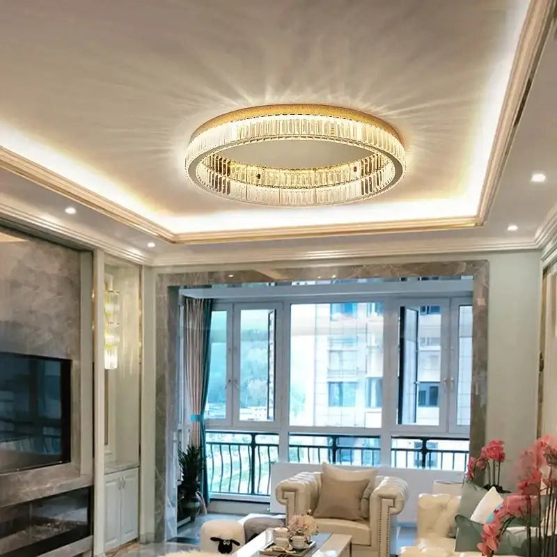 Gold crystal circle ceiling chandelier with crystal accents in gold tone perfect for living room decorbites crystal circle
