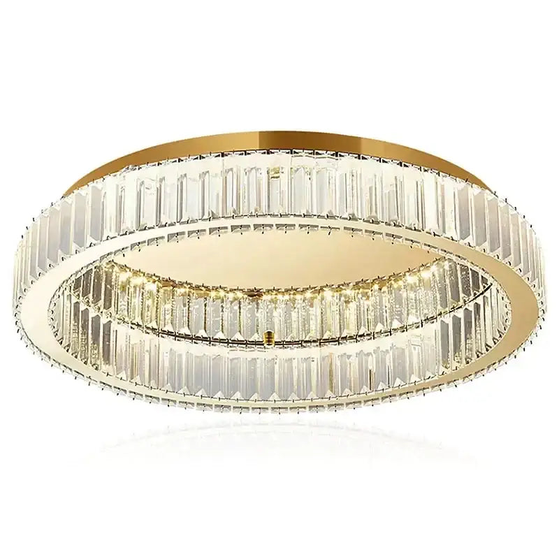 Gold-toned double-ring crystal circle ceiling chandelier with clear faceted crystal bars for living room decorbites crystal circle