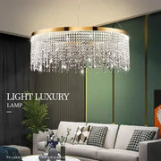 Gold crystal circle led chandelier with gold-toned frame and cascading crystal droplets for luxury decorbites crystal circle living room