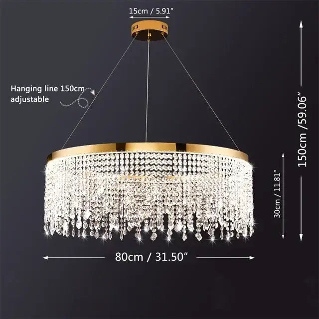 A luxurious gold crystal circle led chandelier with cascading clear faceted crystals for luxury living room decorbites