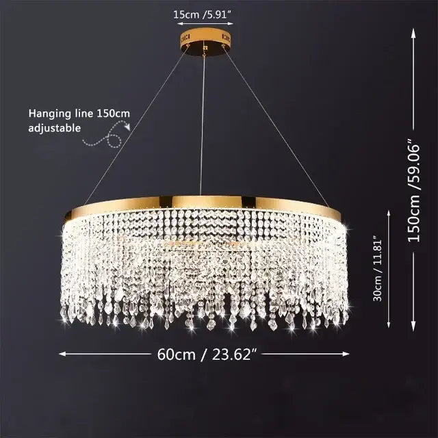 Gold crystal circle led chandelier with cascading clear crystal beads and adjustable hanging line for luxury living room decorbites crystal circle