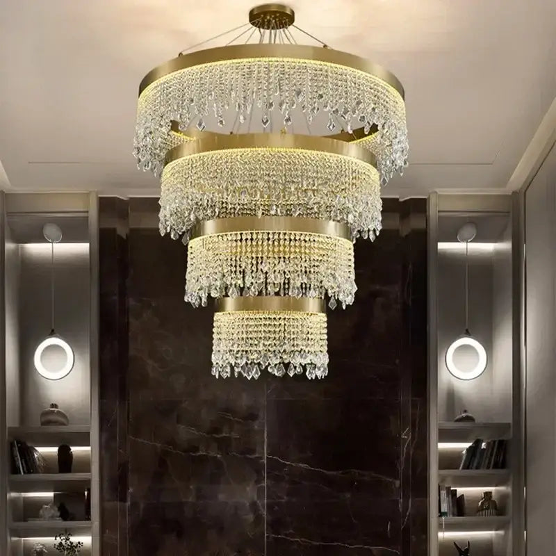 Gold crystal circle led chandelier with gold-toned metal frame and clear crystal droplets for luxury living room decorbites crystal circle