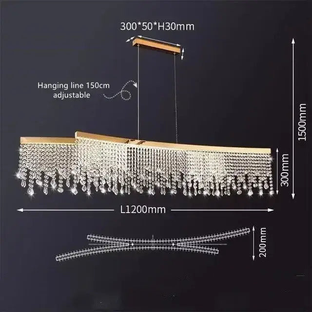 Gold-toned rectangular circle led chandelier with cascading clear crystal beads and wooden top frame for luxury decorbites crystal circle living room